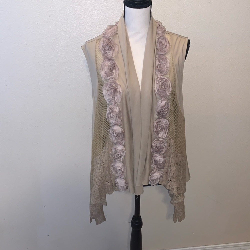 Awake Couture beige boho rose flowers lace asymmetrical open cardigan